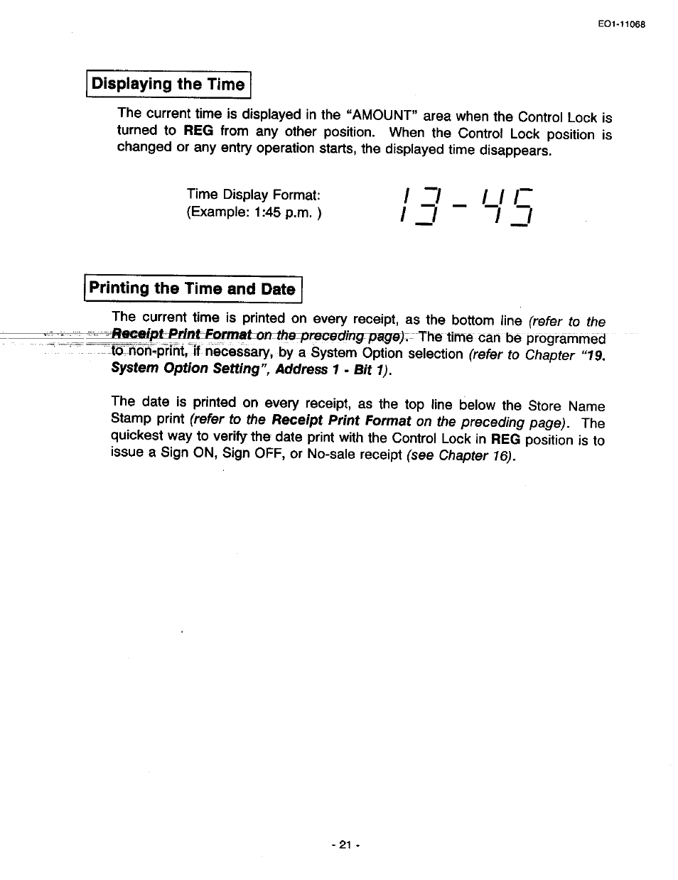 Displaying the time, Printing the time and date, Printing time and date | Rece/ptpr/nt for/iiat, Receipt | Toshiba TEC MA-305-100 User Manual | Page 23 / 128