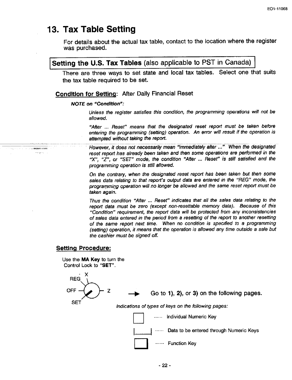 Tax table setting, Condition for setting: after daily financial reset, Setting procedure | Go to 1), 2), or 3) on the following pages | Toshiba TEC MA-305-100 User Manual | Page 24 / 128