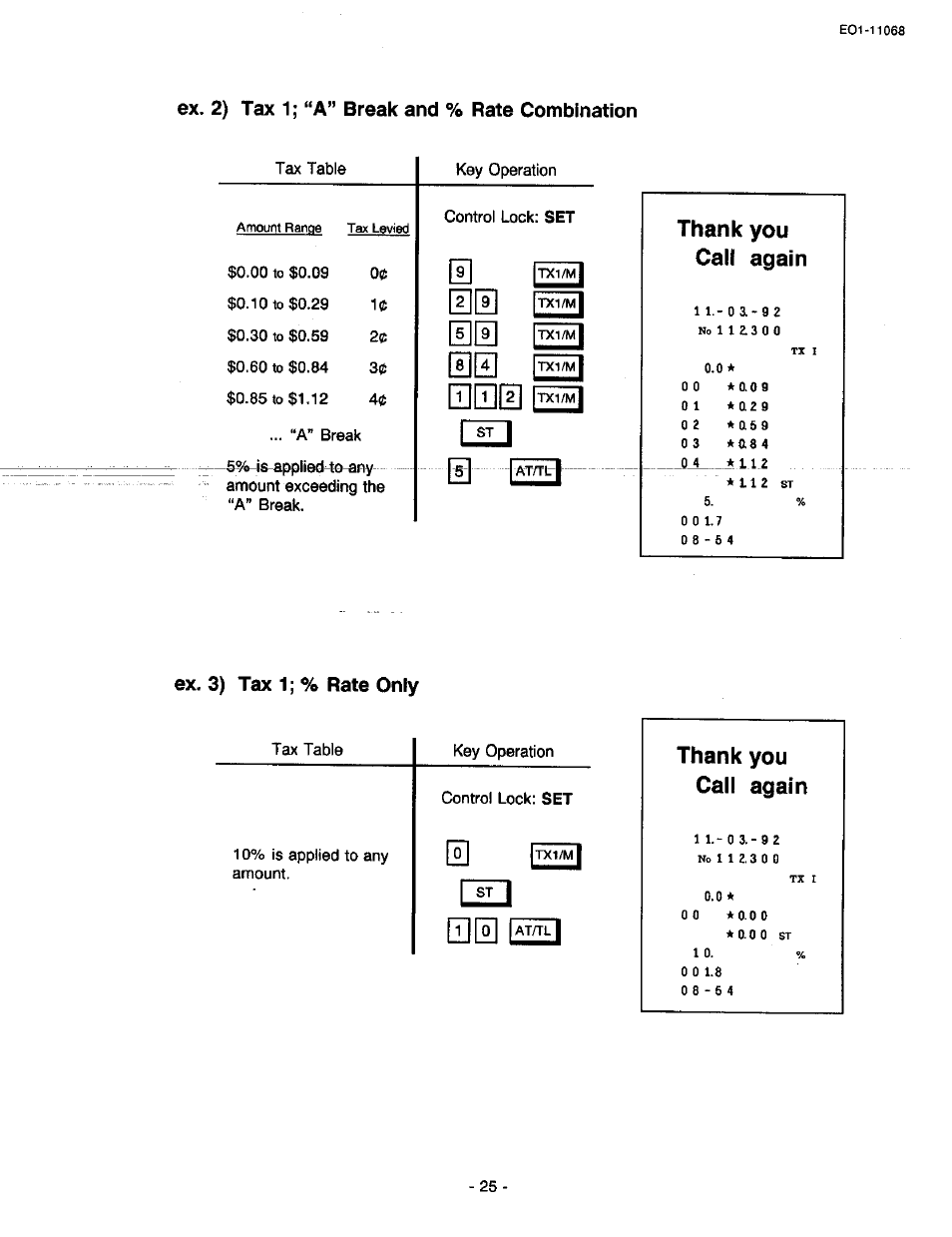 Ex. 2) tax 1; “a” break and % rate combination, Thank you call again, Ex. 3) tax 1; % rate only | Dill | Toshiba TEC MA-305-100 User Manual | Page 27 / 128