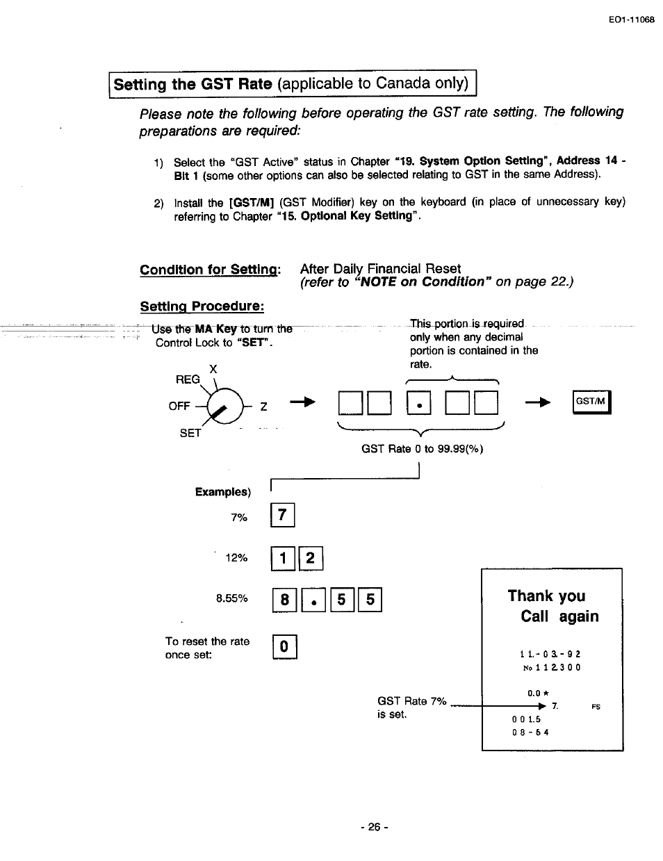 Condition for setting: after daily financial reset, Setting procedure, Thank you call again | Setting the gst rate (applicable to canada only) | Toshiba TEC MA-305-100 User Manual | Page 28 / 128