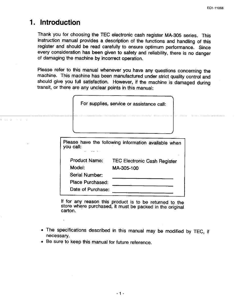 Introduction | Toshiba TEC MA-305-100 User Manual | Page 3 / 128