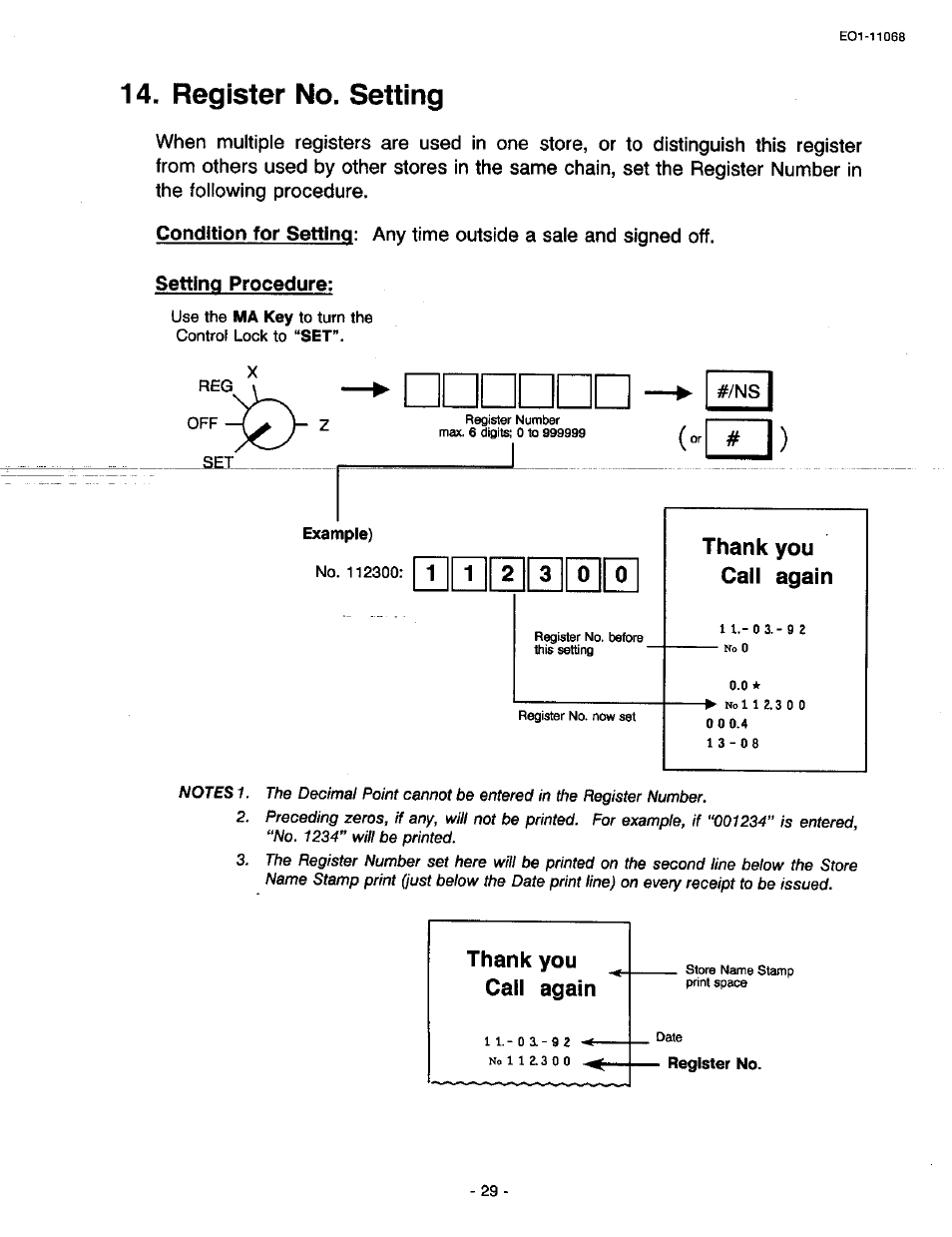 Register no. setting, Setting procedure, Thank you call again | Toshiba TEC MA-305-100 User Manual | Page 31 / 128