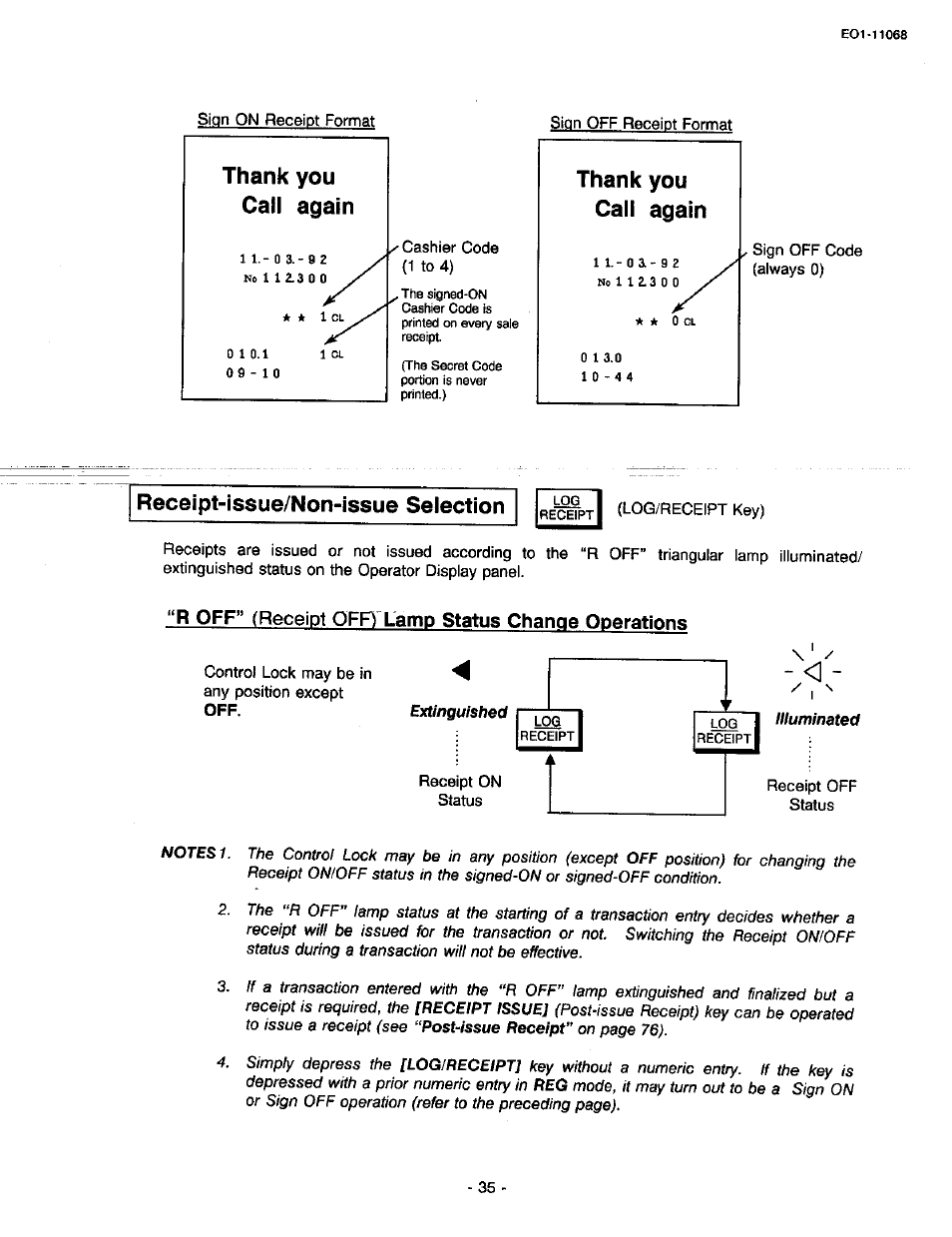 R off” (receipt ofr lamp status change operations, Call again, Rece¡pt-issue/non-issue selection | Toshiba TEC MA-305-100 User Manual | Page 37 / 128