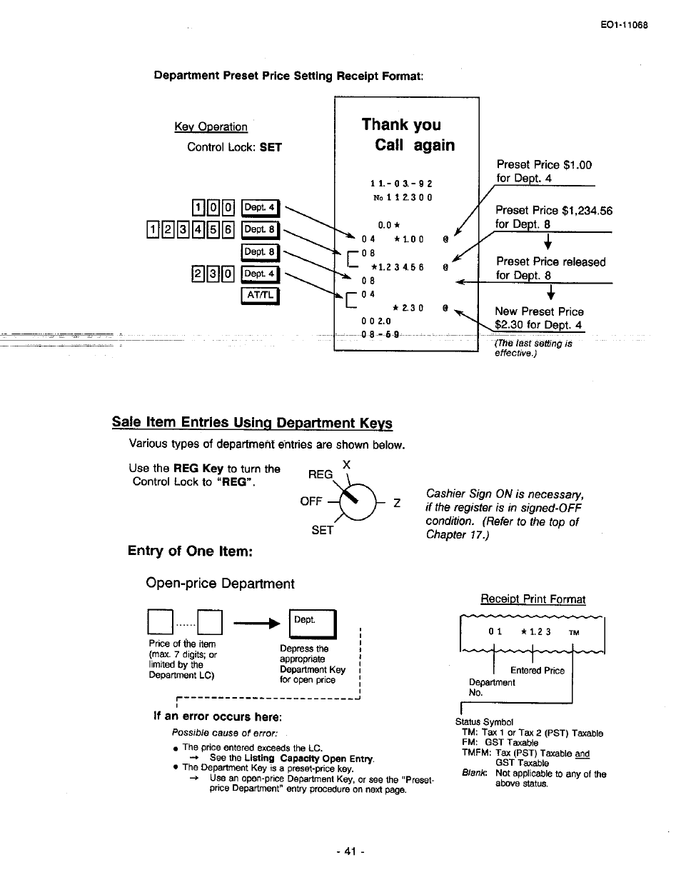 Sale item entries using department keys, Entry of one item, Open-price department | Entry of one item; open-price department | Toshiba TEC MA-305-100 User Manual | Page 43 / 128
