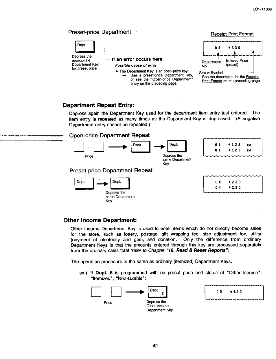 Preset-price department, Department repeat entry, Gpen-priee department repeat | Preset-price department repeat, Other income department | Toshiba TEC MA-305-100 User Manual | Page 44 / 128