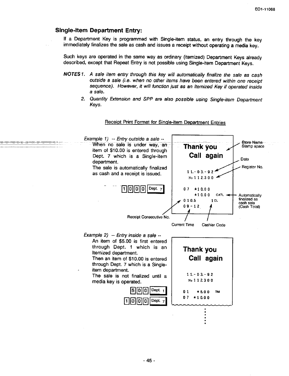 Single-item department entry, Thank you call again, 0i°100e | Toshiba TEC MA-305-100 User Manual | Page 47 / 128