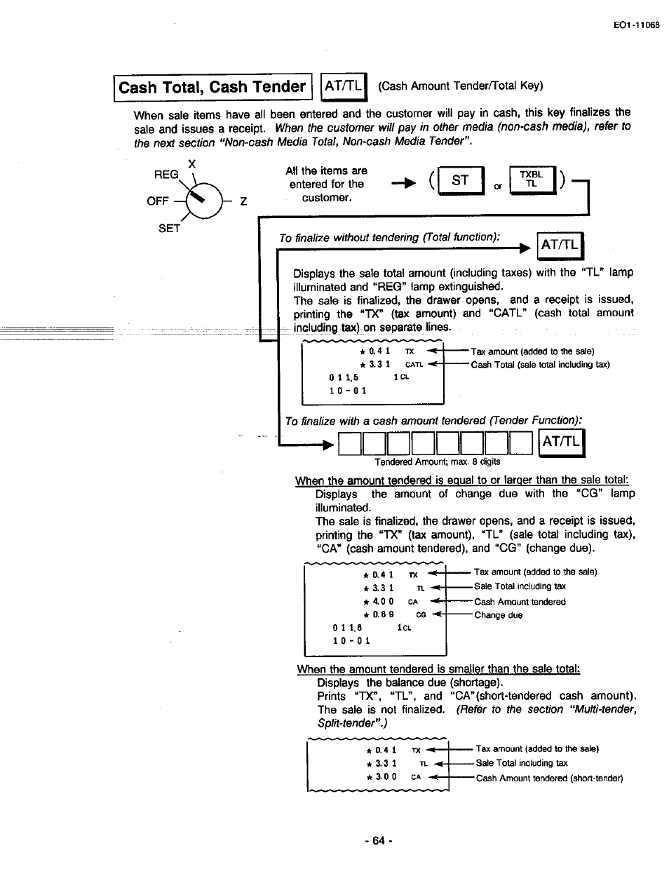 Cash total, cash tender, At/tl | Toshiba TEC MA-305-100 User Manual | Page 66 / 128