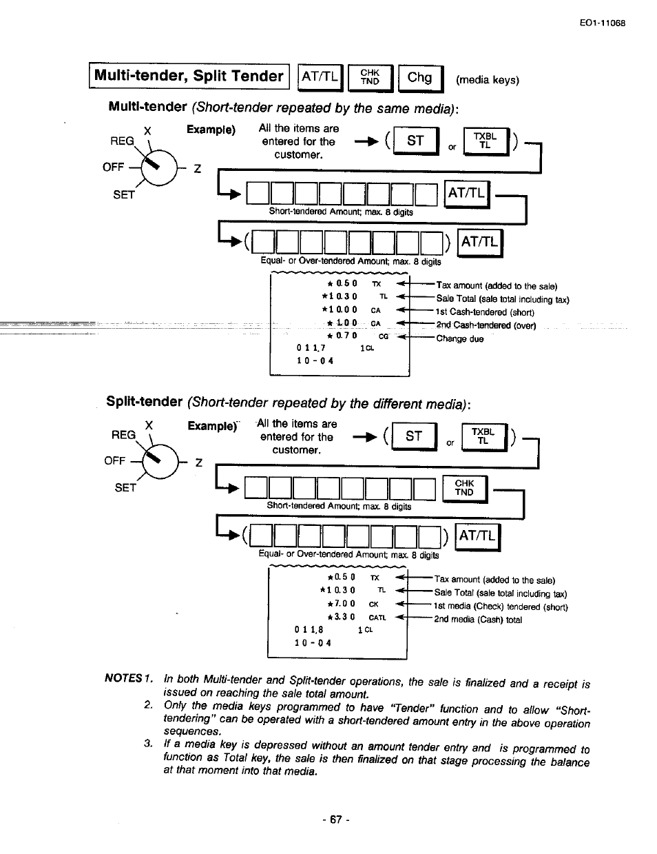 Multi-tender, split tender, At^l, Chg i | At/tl, Atn-l, Short-tender repeated by the same media), Short-tender repeated by the different media), Multi-tender, Split-tender | Toshiba TEC MA-305-100 User Manual | Page 69 / 128