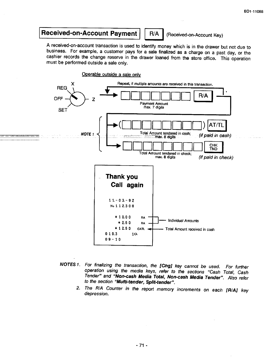 Received-on-account payment, Thank you call again | Toshiba TEC MA-305-100 User Manual | Page 73 / 128