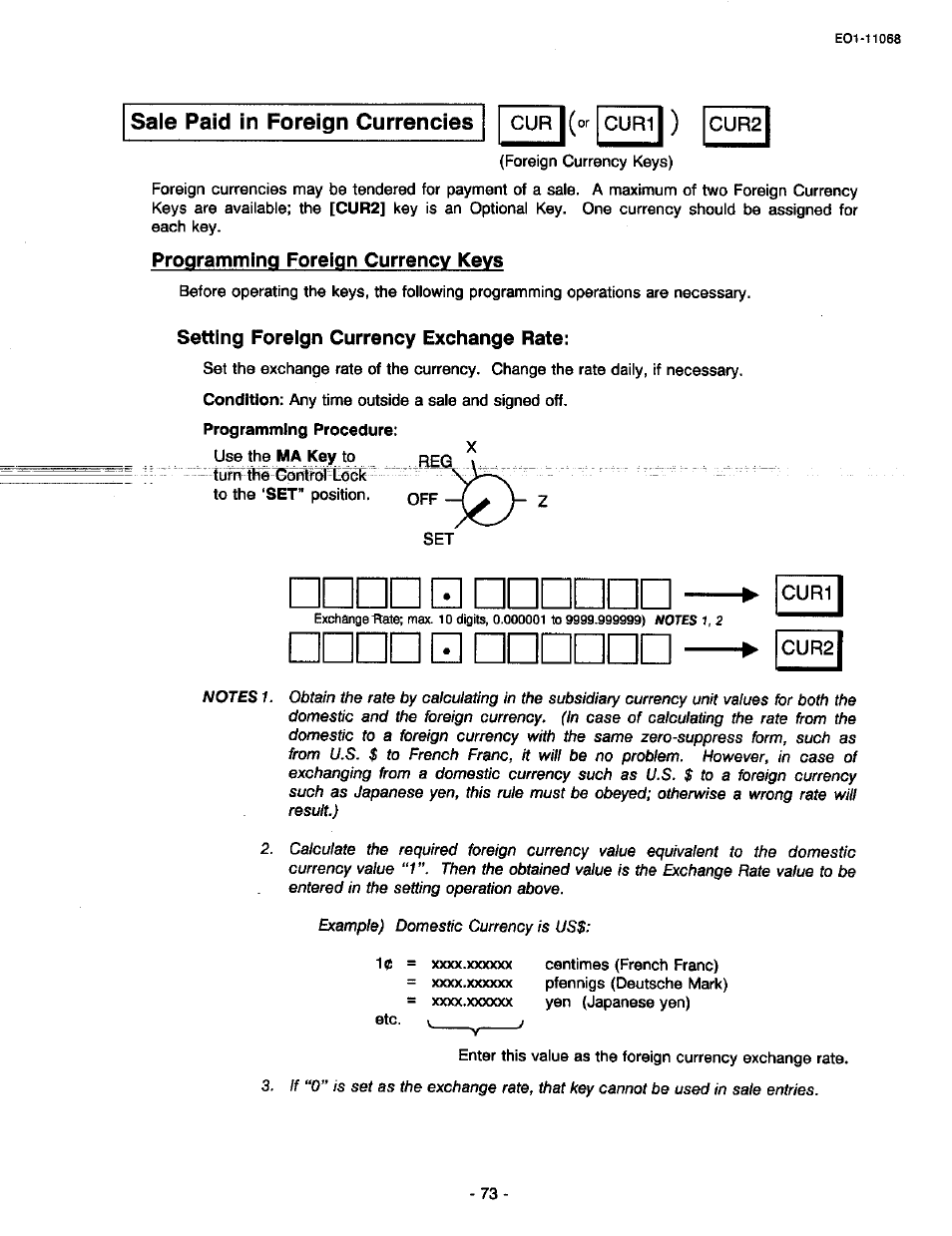 Programming foreign currency keys, Setting foreign currency exchange rate, Cur1 | Etc. v, Sale paid in foreign currencies, Cur i (or cur11 ) cur2, Cur1 cur2 | Toshiba TEC MA-305-100 User Manual | Page 75 / 128