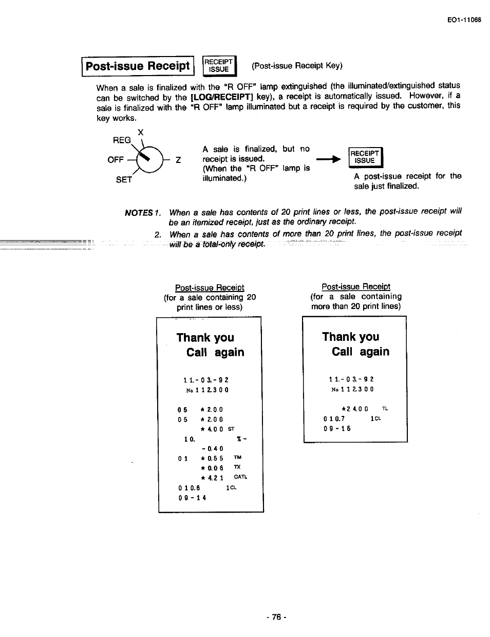 Post-issue receipt, Thank you call again | Toshiba TEC MA-305-100 User Manual | Page 78 / 128