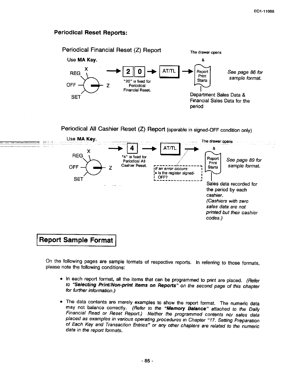 Periodical reset reports, Periodical financial reset (z) report, Report sample format | Periodical all cashier reset (z) report | Toshiba TEC MA-305-100 User Manual | Page 87 / 128