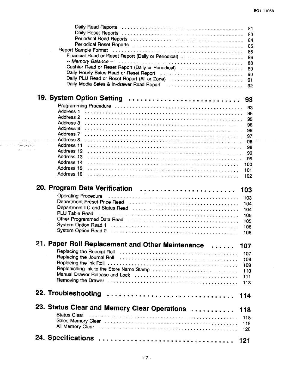 System option setting, Program data verification, Paper roll replacement and other maintenance | Specifications | Toshiba TEC MA-305-100 User Manual | Page 9 / 128