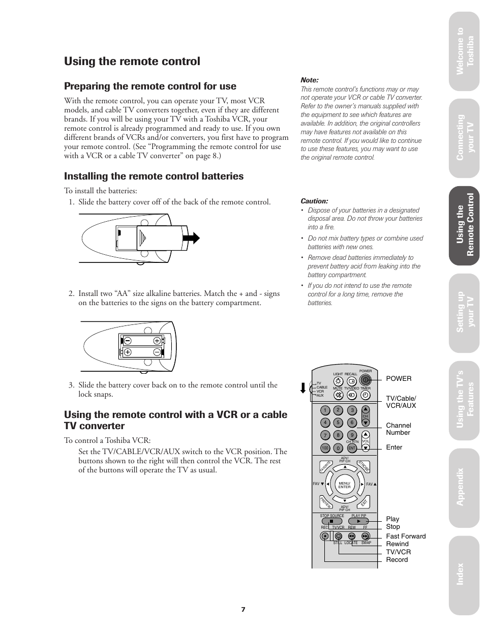 Using the remote control, Preparing for use, Using with a vcr or a cable tv converter | Preparing the remote control for use, Installing the remote control batteries, Ref er ence | Toshiba CN32V71 User Manual | Page 13 / 46