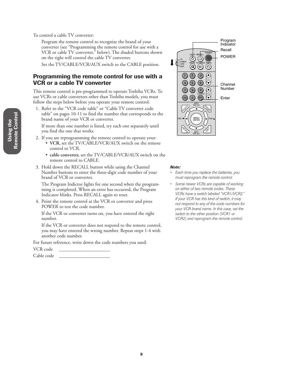 Using the remote contr ol | Toshiba CN32V71 User Manual | Page 14 / 46