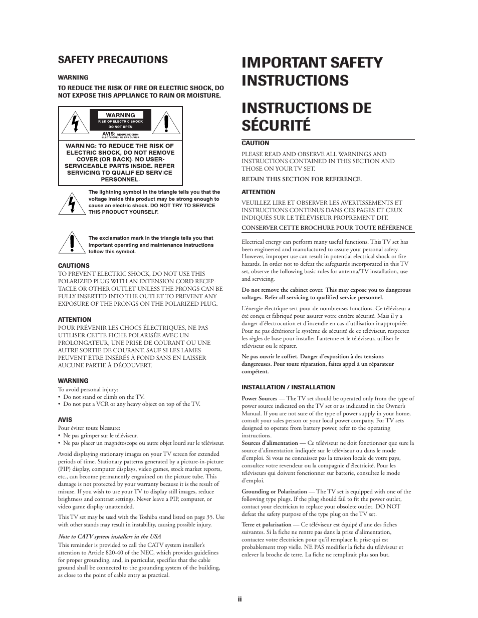 Safety precautions | Toshiba CN32V71 User Manual | Page 2 / 46