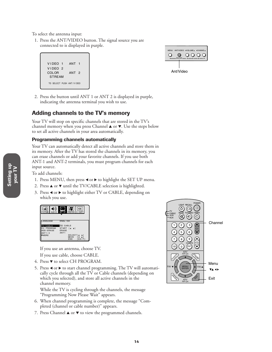 Adding channels to the tv's memory, Setting up y our t v, Programming channels automatically | Toshiba CN32V71 User Manual | Page 20 / 46
