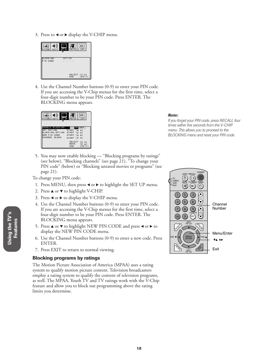 Using the t v ’s f eatur es, Blocking programs by ratings, Press to | Display the v-chip menu | Toshiba CN32V71 User Manual | Page 24 / 46