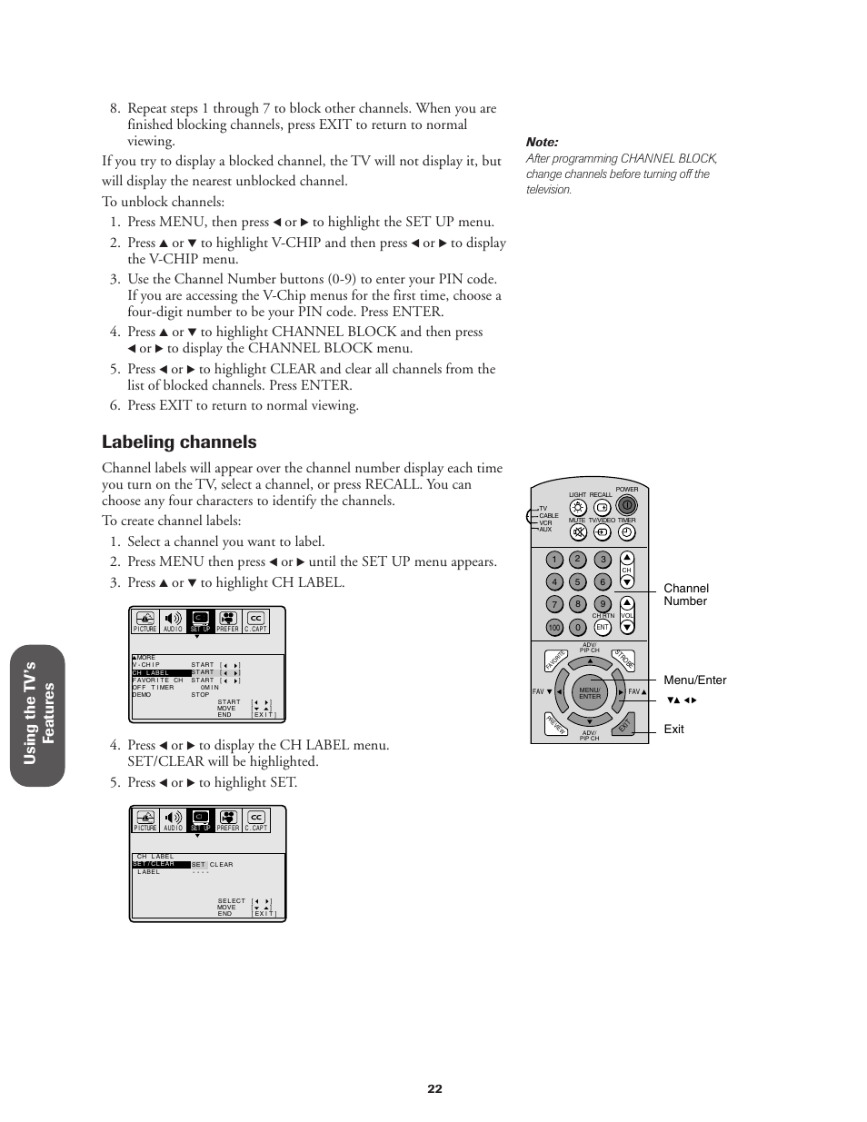 Labeling channels, Using the t v ’s f eatur es, Until the set up menu appears. 3. press | Press | Toshiba CN32V71 User Manual | Page 28 / 46