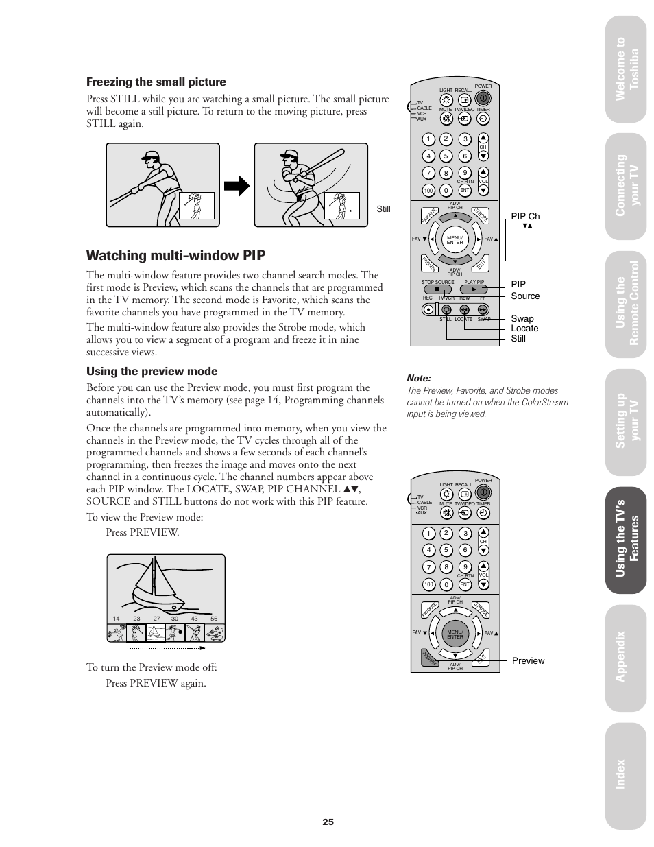 Multi-window pip, Watching multi-window pip, Ref er ence | Using the preview mode | Toshiba CN32V71 User Manual | Page 31 / 46