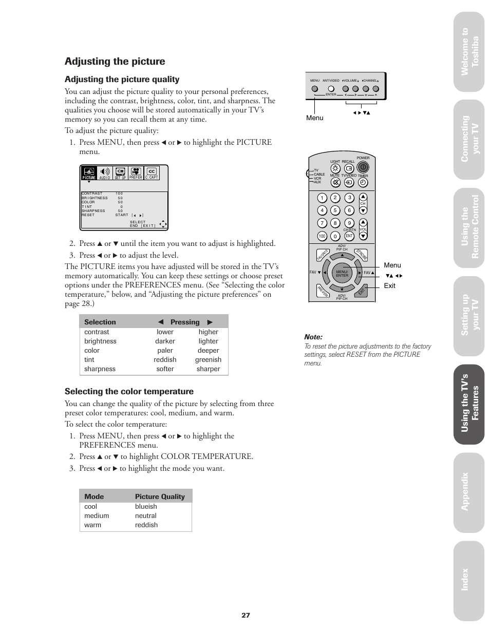 Adjusting the picture, Ref er ence, Adjusting the picture quality | Selecting the color temperature, Press | Toshiba CN32V71 User Manual | Page 33 / 46