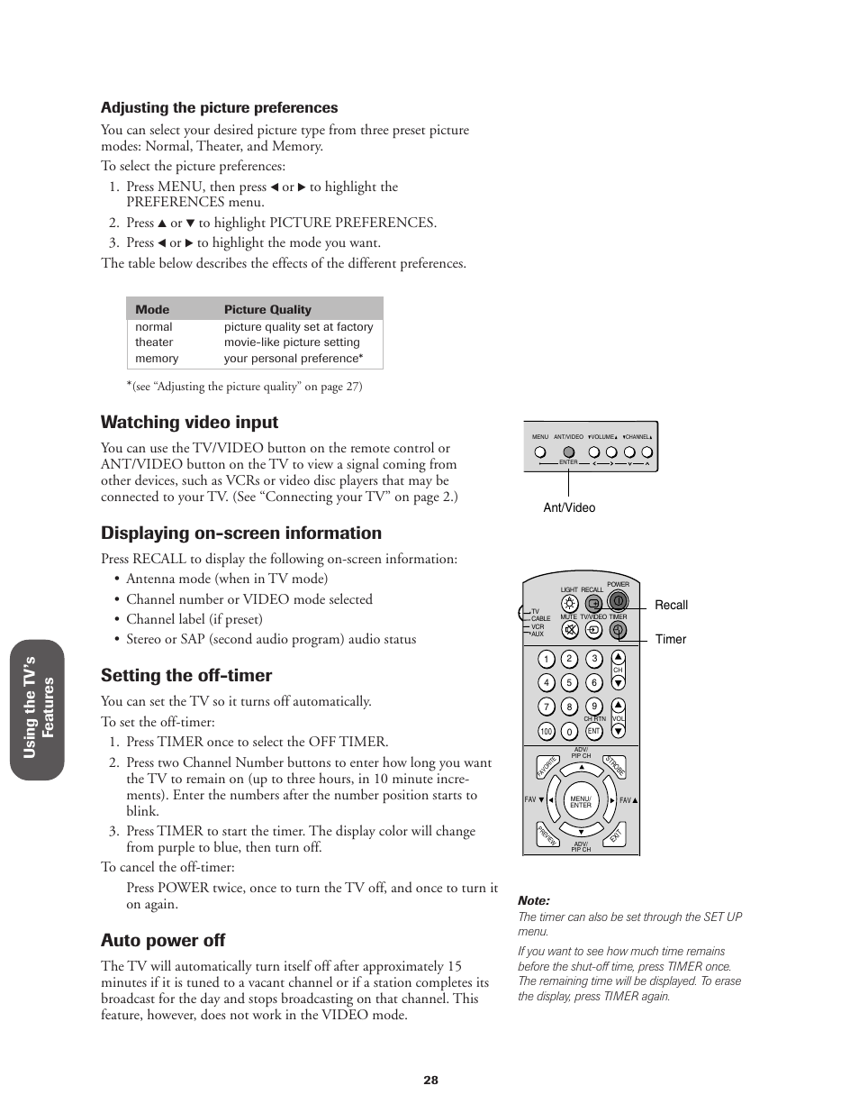Setting the off timer, Watching video input, Displaying on-screen information | Setting the off-timer, Auto power off | Toshiba CN32V71 User Manual | Page 34 / 46