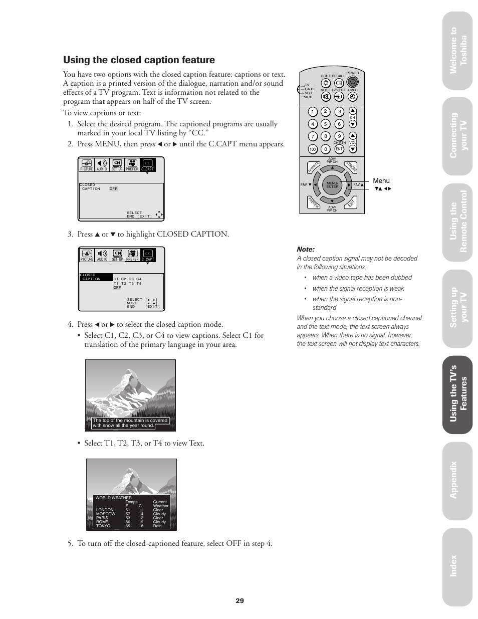 Closed caption, Using the closed caption feature, Ref er ence | Until the c.capt menu appears, Press, Select t1, t2, t3, or t4 to view text | Toshiba CN32V71 User Manual | Page 35 / 46