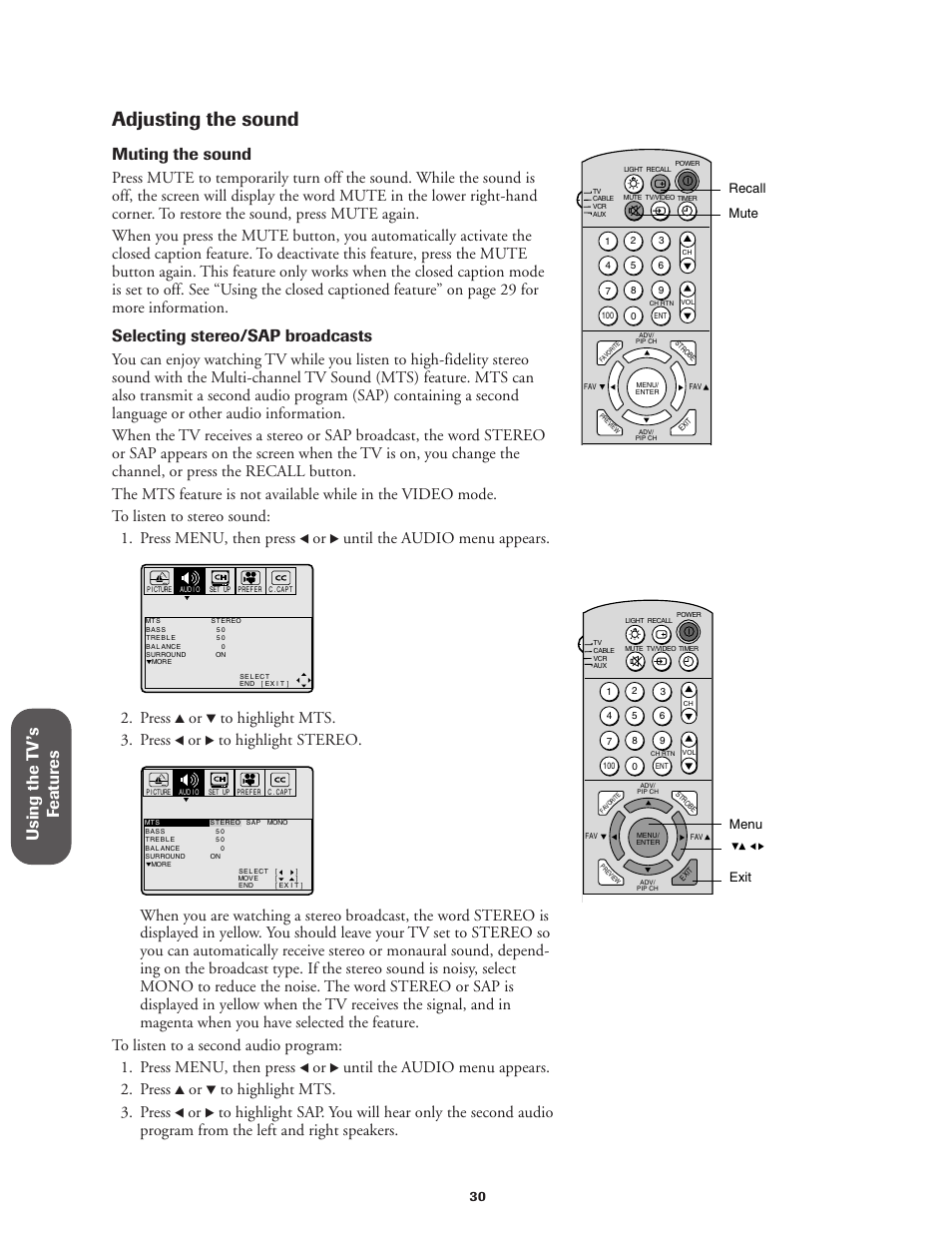 Adjusting the sound, Using the t v ’s f eatur es, Muting the sound | Selecting stereo/sap broadcasts, Until the audio menu appears, Press, Until the audio menu appears. 2. press | Toshiba CN32V71 User Manual | Page 36 / 46