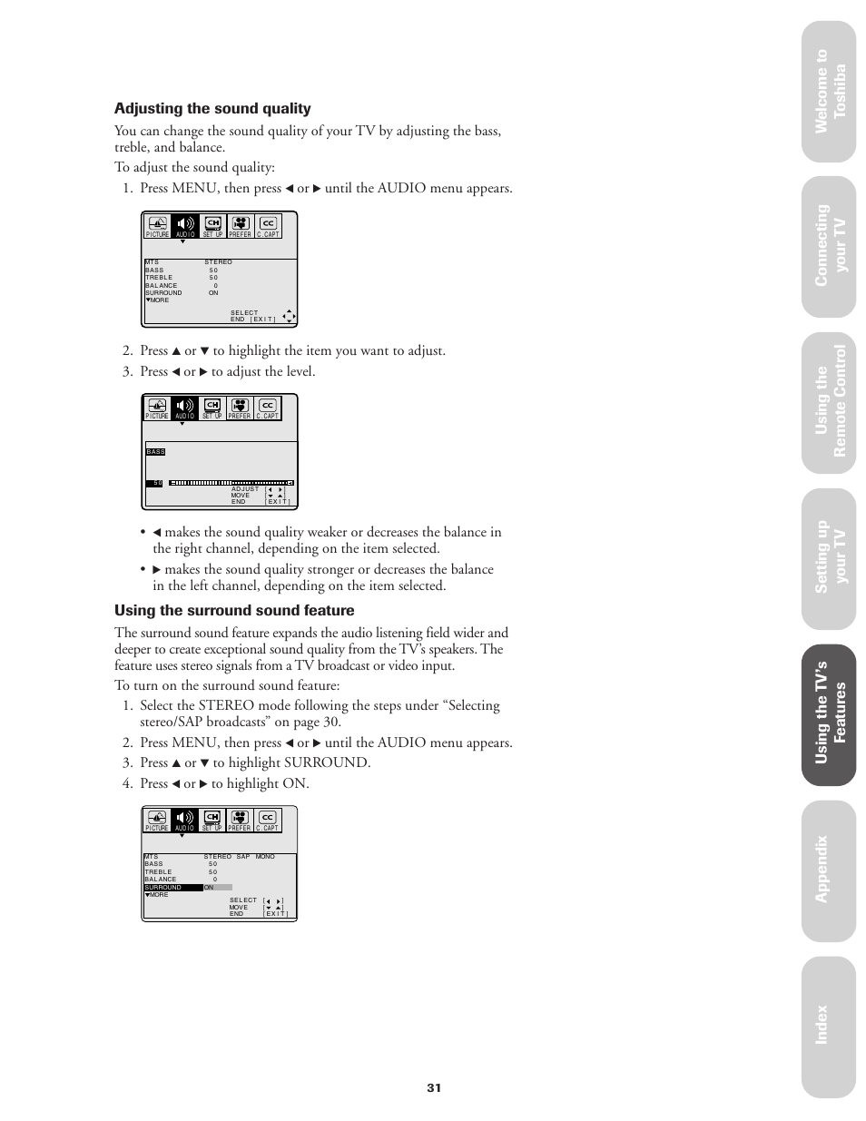 Ref er ence, Using the surround sound feature, Until the audio menu appears | Press, Until the audio menu appears. 3. press | Toshiba CN32V71 User Manual | Page 37 / 46