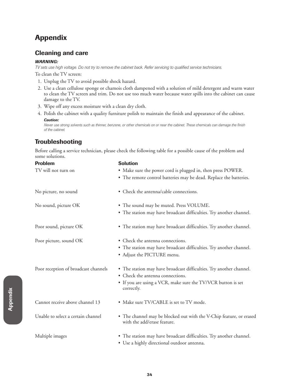 Appendix, Cleaning and care & troubleshooting, Cleaning and care | Troubleshooting | Toshiba CN32V71 User Manual | Page 40 / 46