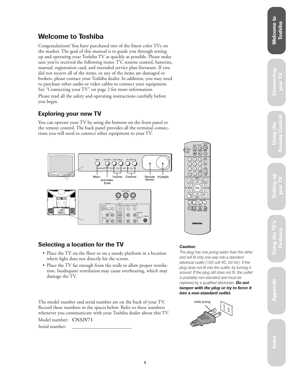Welcome to toshiba, Exploring your new tv, Selecting a location for the tv | Ref er ence | Toshiba CN32V71 User Manual | Page 7 / 46