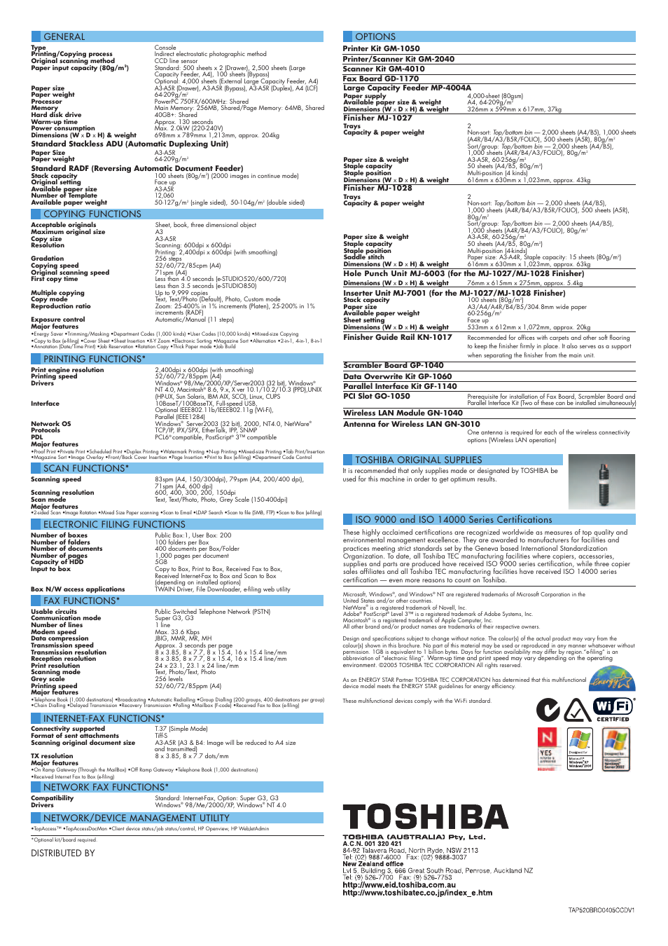 Toshiba original supplies, Distributed by, Electronic filing functions | Options, Fax functions | Toshiba 600 User Manual | Page 8 / 8