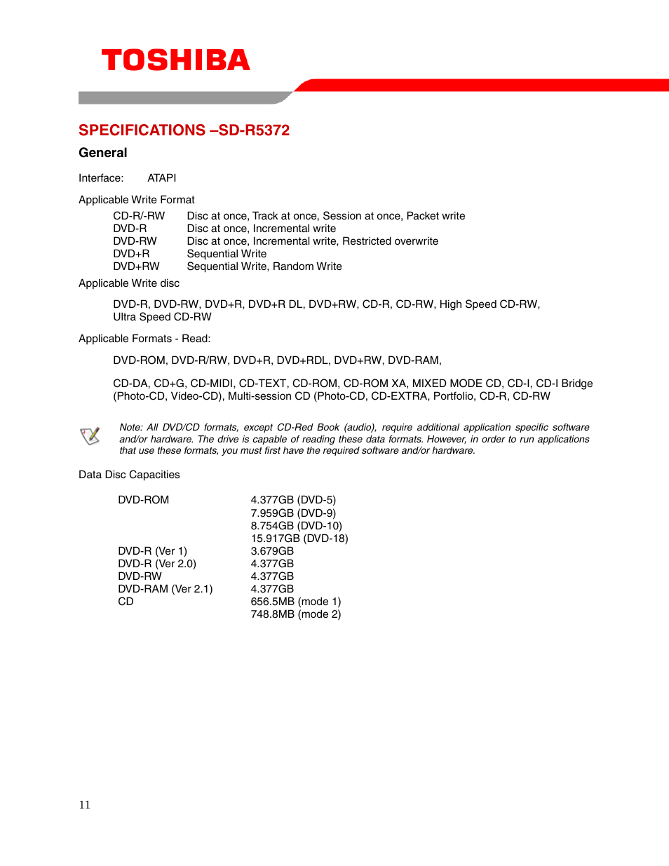 Specifications –sd-r5372 | Toshiba SD-R5372 User Manual | Page 13 / 18