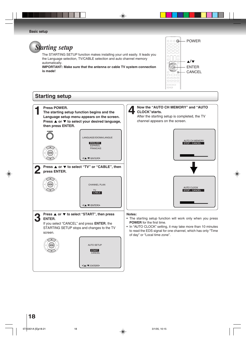 Starting setup | Toshiba MW24F11 User Manual | Page 18 / 68