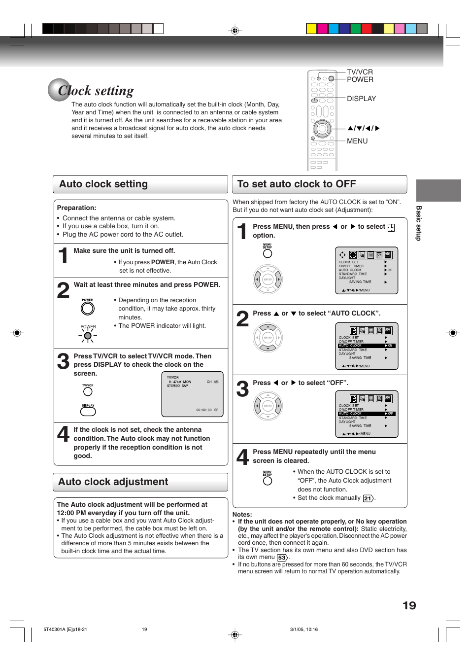 Clock setting, Auto clock setting, Auto clock adjustment to set auto clock to off | Toshiba MW24F11 User Manual | Page 19 / 68