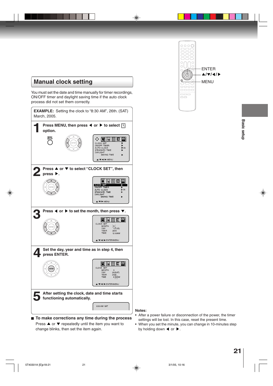 Manual clock setting | Toshiba MW24F11 User Manual | Page 21 / 68