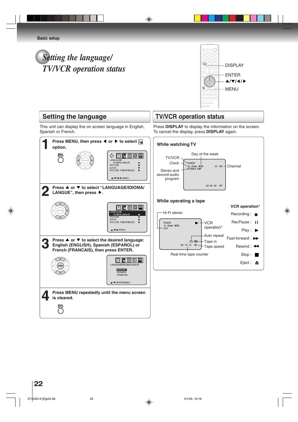 Setting the language/ tv/vcr operation status, Setting the language, Tv/vcr operation status | Toshiba MW24F11 User Manual | Page 22 / 68