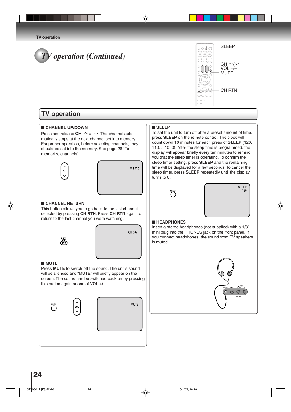 Tv operation (continued), Tv operation | Toshiba MW24F11 User Manual | Page 24 / 68