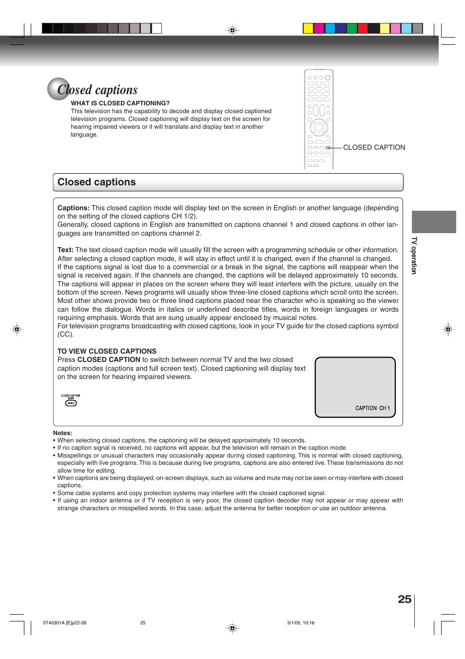 Closed captions | Toshiba MW24F11 User Manual | Page 25 / 68