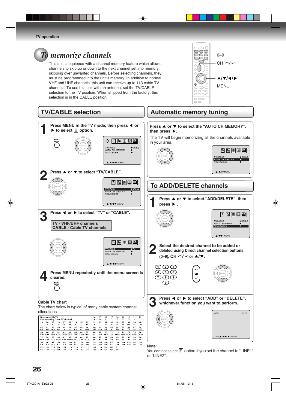 Tv/cable selection | Toshiba MW24F11 User Manual | Page 26 / 68