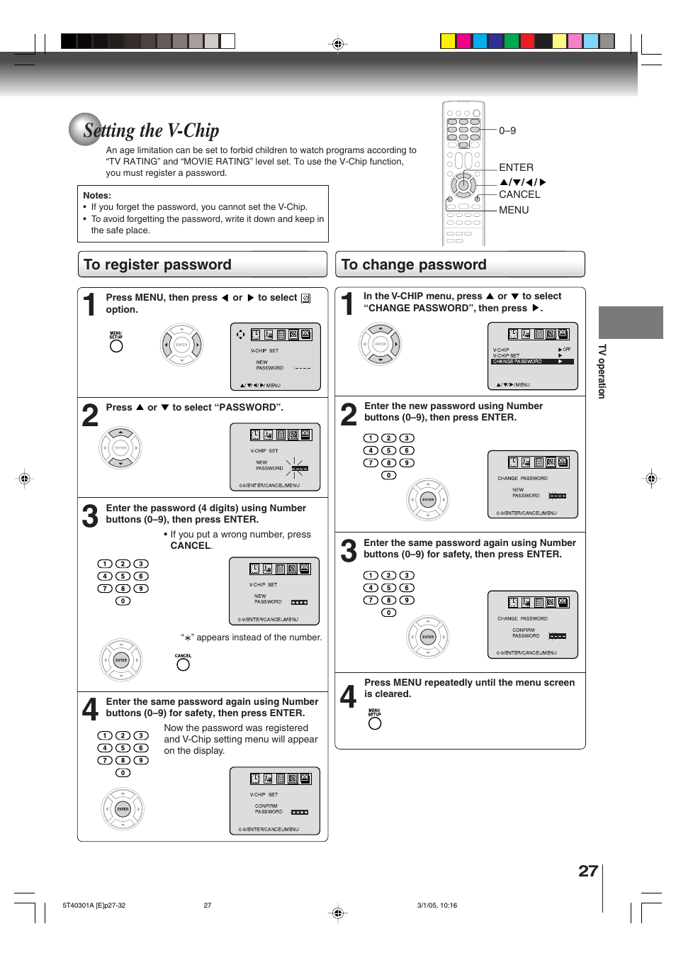 Setting the v-chip | Toshiba MW24F11 User Manual | Page 27 / 68