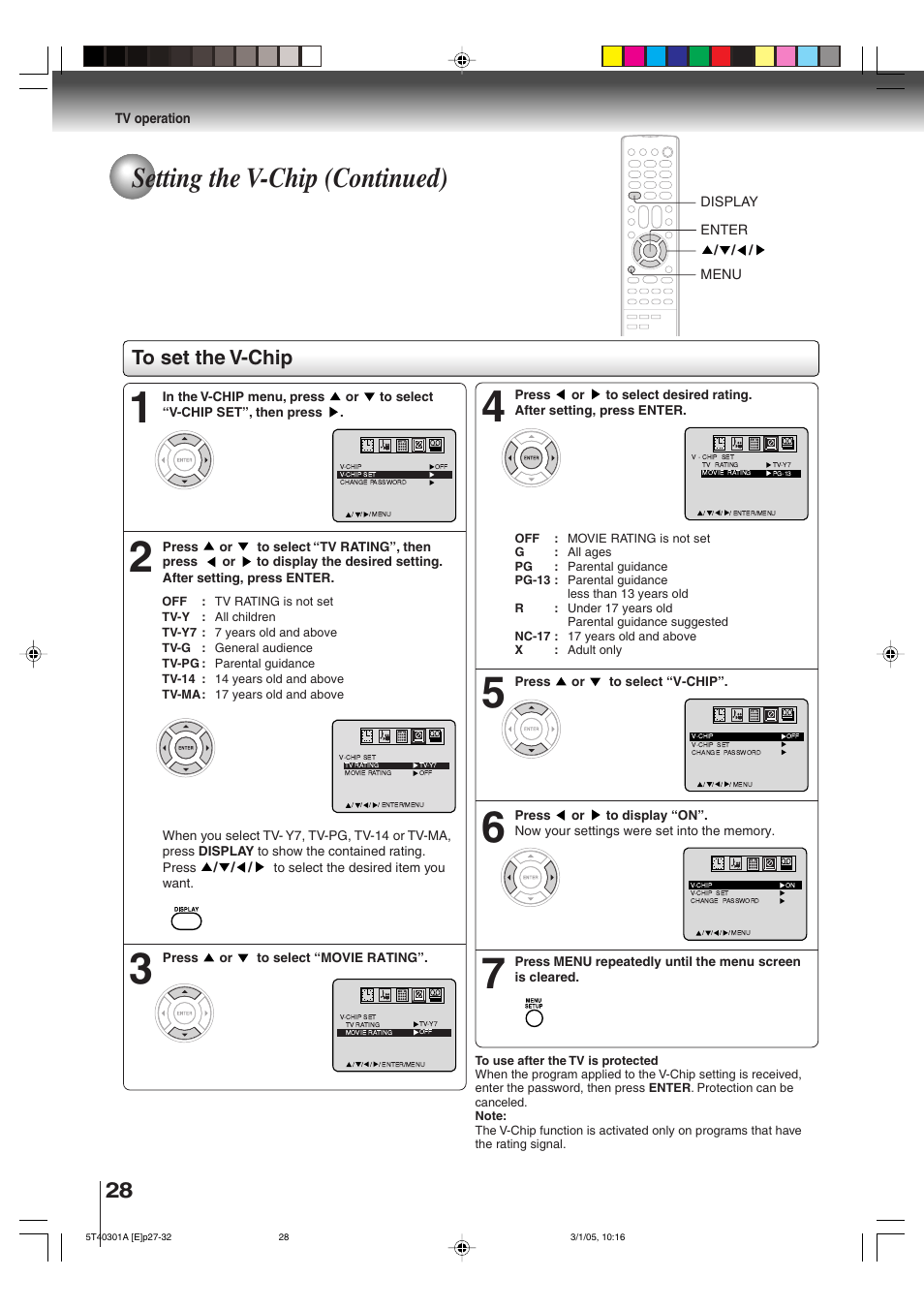 Setting the v-chip (continued) | Toshiba MW24F11 User Manual | Page 28 / 68