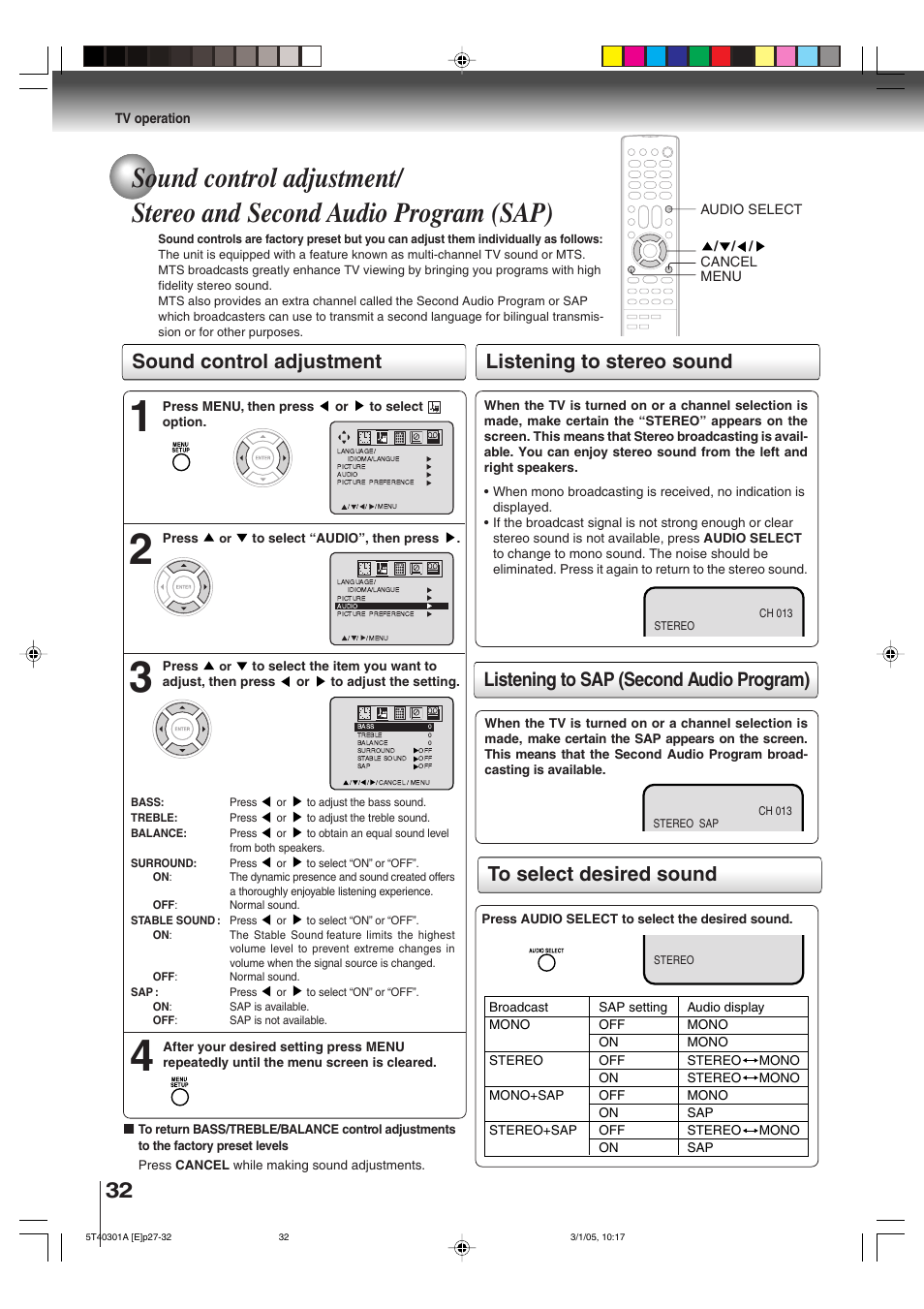 Listening to sap (second audio program), Sound control adjustment | Toshiba MW24F11 User Manual | Page 32 / 68