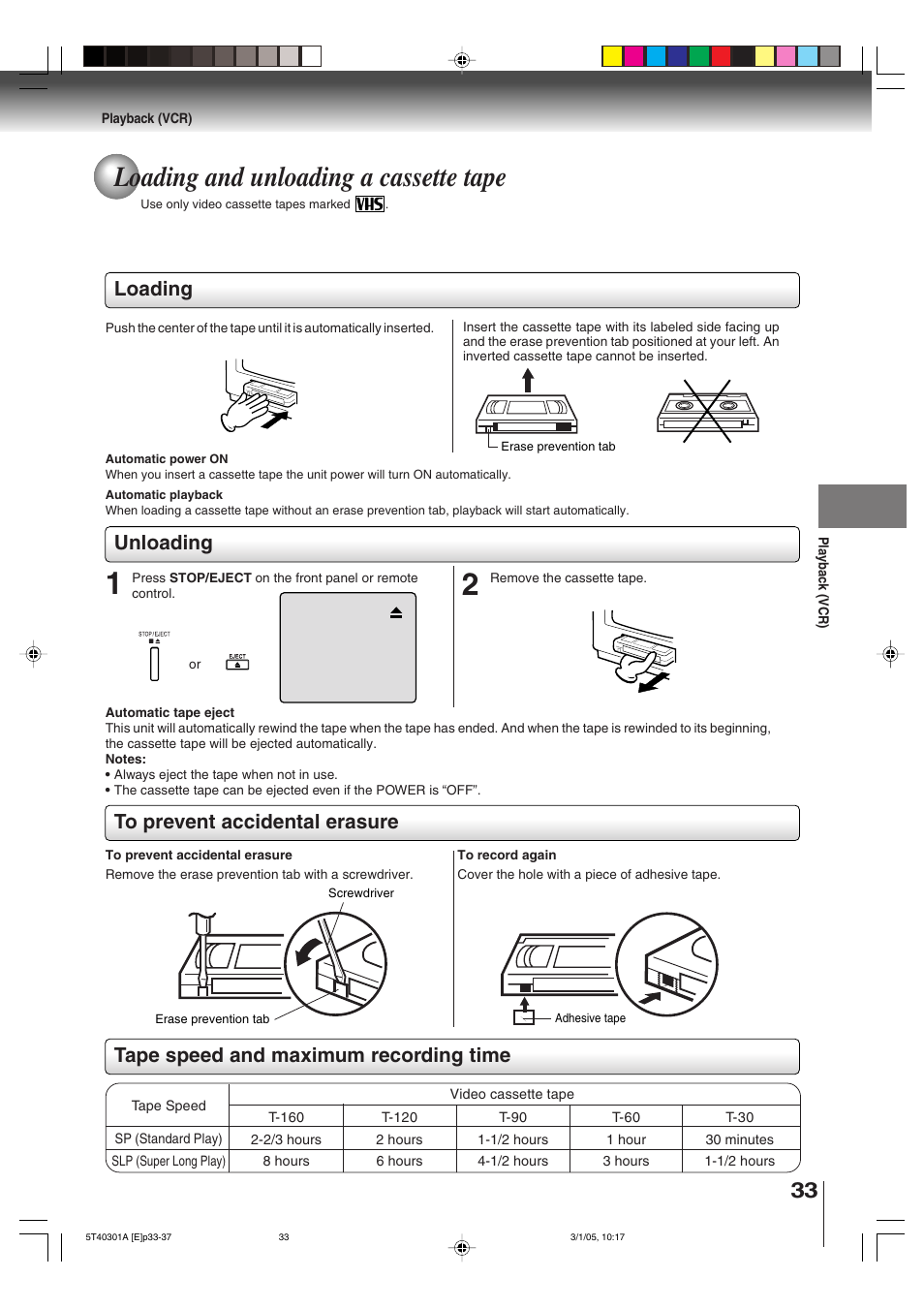 Loading and unloading a cassette tape, Loading, Unloading | Toshiba MW24F11 User Manual | Page 33 / 68