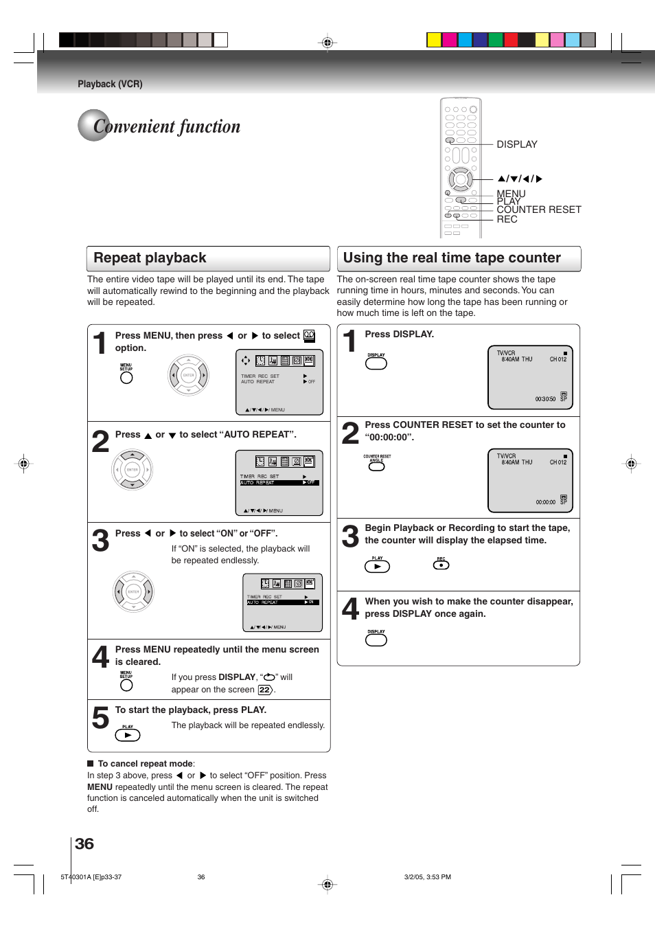 Convenient function, Repeat playback, Using the real time tape counter | Toshiba MW24F11 User Manual | Page 36 / 68