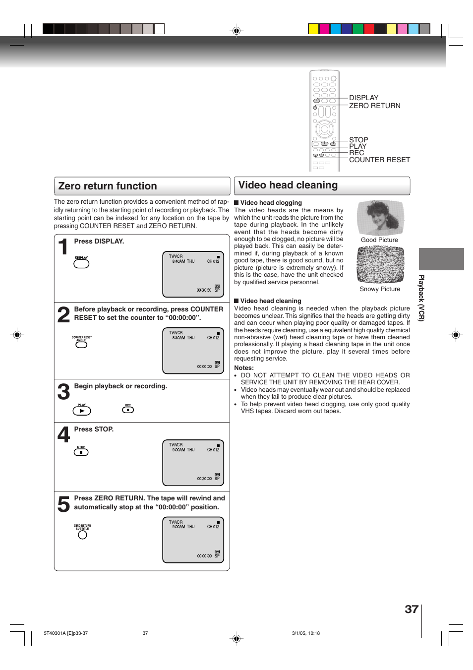 Zero return function, Video head cleaning | Toshiba MW24F11 User Manual | Page 37 / 68