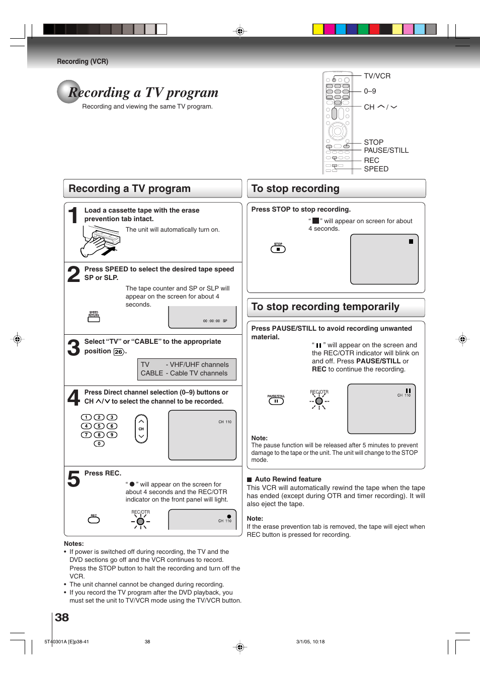 Recording a tv program | Toshiba MW24F11 User Manual | Page 38 / 68