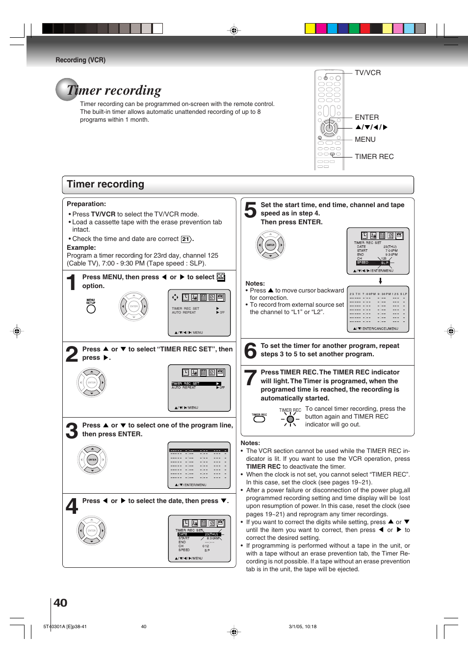 Timer recording | Toshiba MW24F11 User Manual | Page 40 / 68