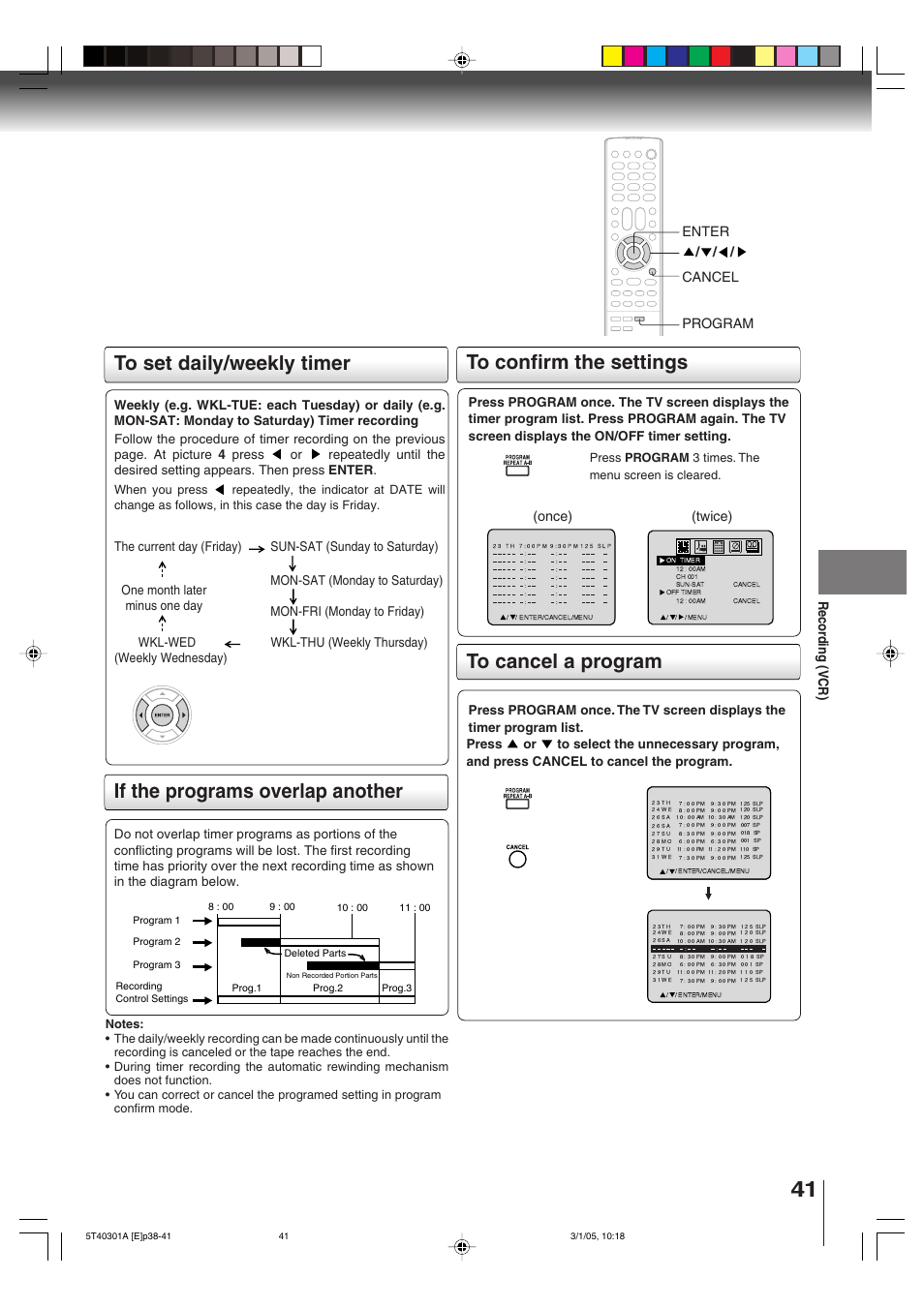 If the programs overlap another, Recor ding (vcr), Twice) (once) | Cancel program enter, Press program 3 times. the menu screen is cleared | Toshiba MW24F11 User Manual | Page 41 / 68