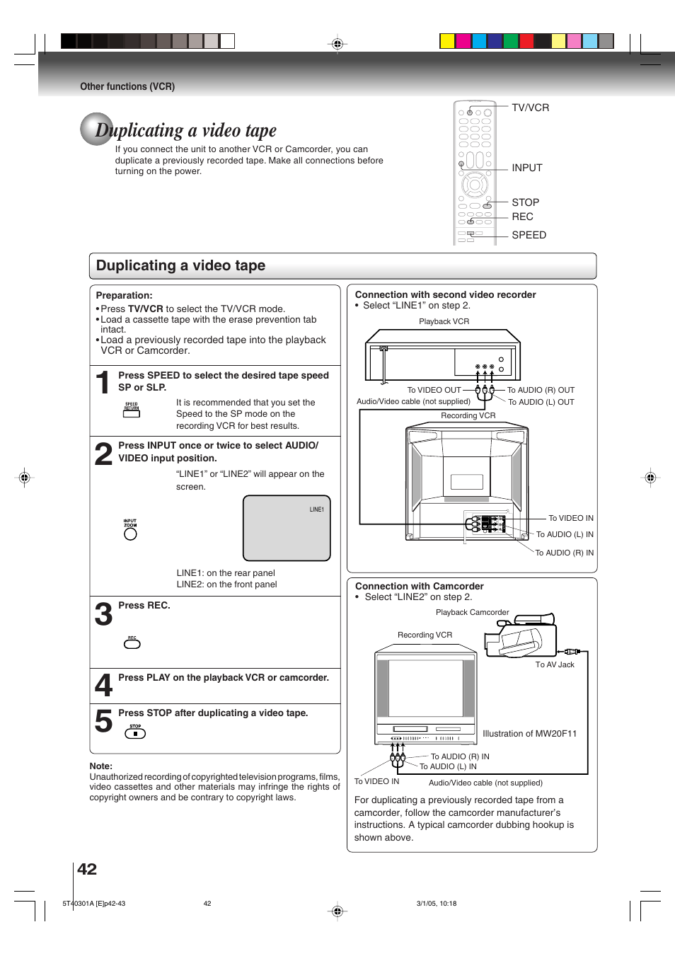 Duplicating a video tape | Toshiba MW24F11 User Manual | Page 42 / 68